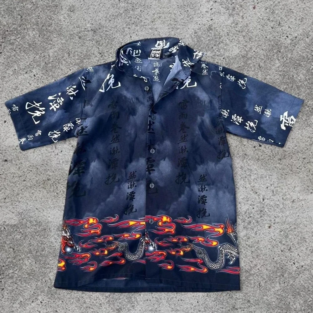 Youth Vintage Y2K Dragon Flame Shirt 10-12 Medium 2000s Chinese Asian Shaolin